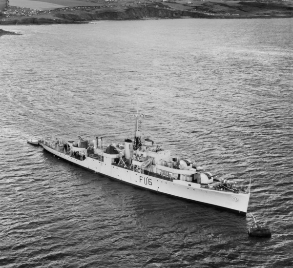 HMS 'Amethyst' (F116) moored off the Plymouth Breakwater, Plymouth, Devon, 1950