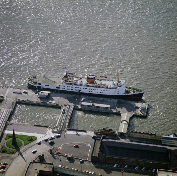 Isle of Man ferry 'Mona's Queen' berthed at the Liverpool Landing Stage, Merseyside, 1977