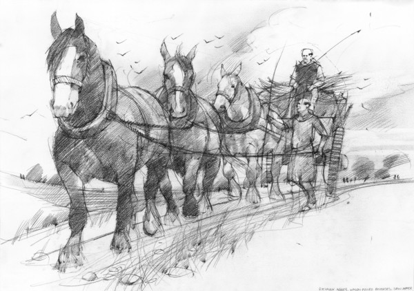 Heavy horses pulling a haycart or goods wagon driven by two Cistercian monks