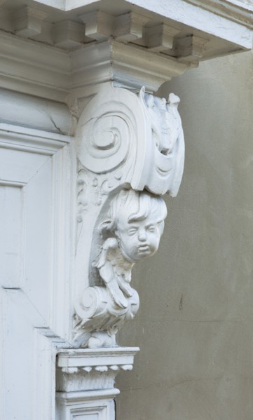 Detail of figurative door bracket, Unitarian Meeting House, Ipswich, Suffolk, c2013 Artist