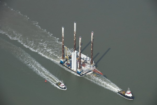 Wind farm construction vessel en route to a construction site, Harwich Harbour, Suffolk, c2010s(?)