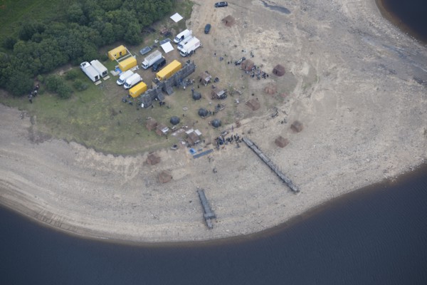 Film set for the television production of 'Beowulf', Derwent Reservoir, Northumberland, 2015