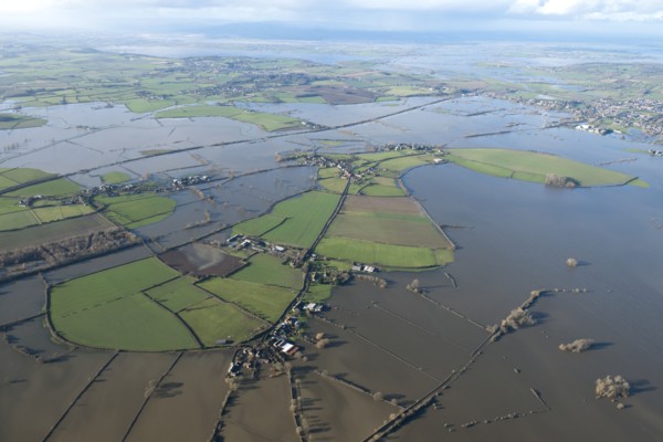 Aerial view of flooding around Muchelney Abbey, Somerset Levels, January, 2014