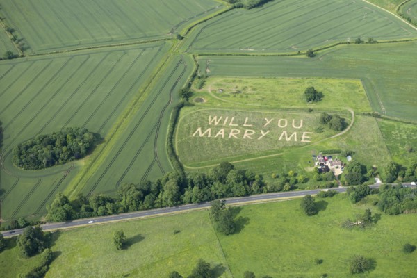Aerial view of a Will You Marry Me message, Bedfordshire, c2010s(?)