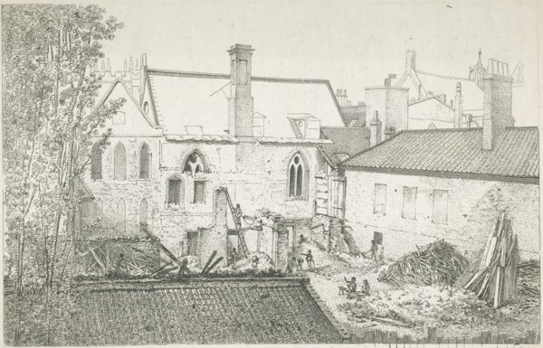 Workmen in a courtyard behind the Prince's Chamber, House of Lords, Westminster, London, 1807