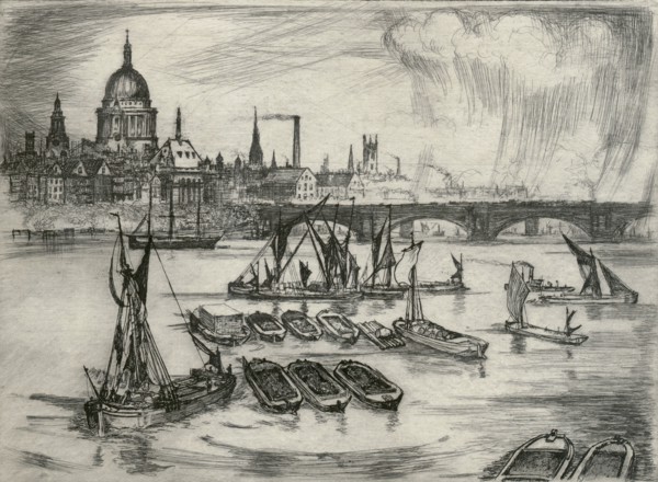 St Paul's Cathedral, Blackfriars Bridge and boats on the River Thames, London, 1914