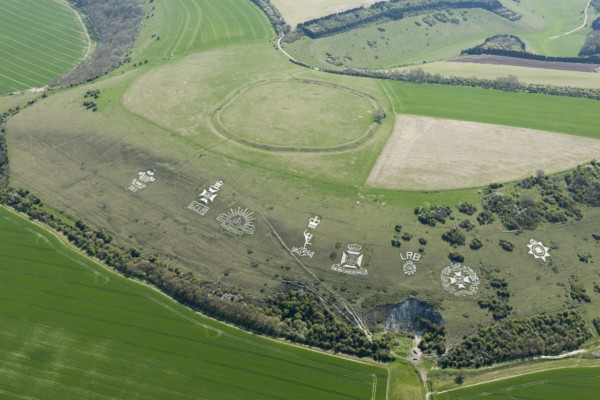 Chalk military badges and Chisenbury Camp univallate hillfort, Fovant Down, Wiltshire, 2015