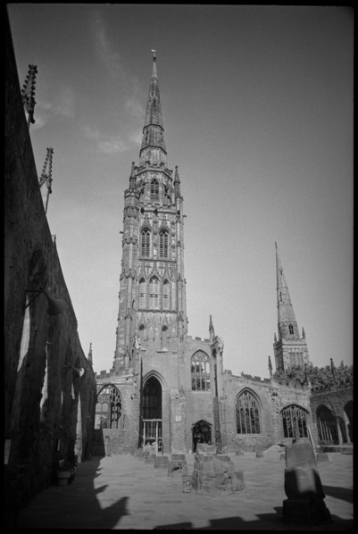 Spire of the ruined St Michael's Cathedral Church, Coventry, West Midlands, c1955-c1980