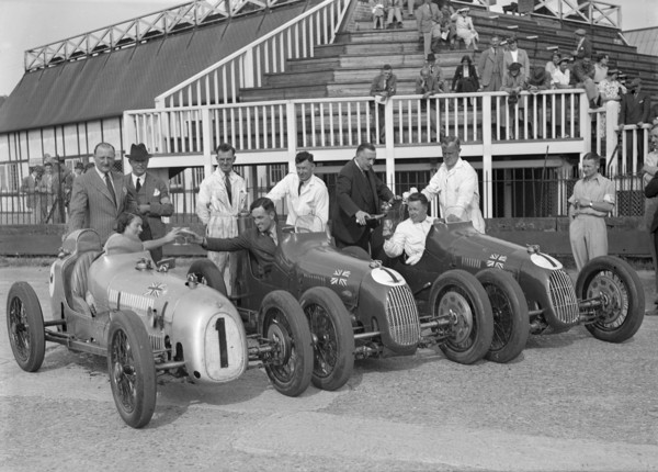 Austin 7 works team, Brooklands 1937. Artist: Bill Brunell.