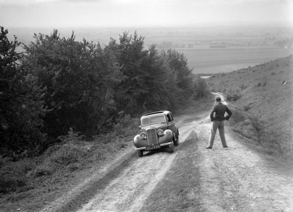 1935 Hillman Minx 1185 cc competing in a Talbot CC trial. Artist: Bill Brunell.