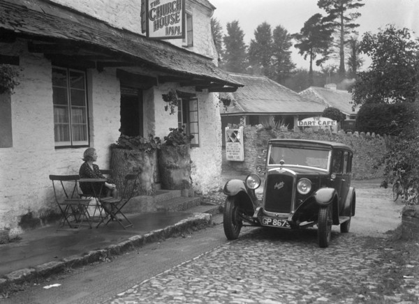1931 Austin 16/6 on a road test, parked outside the Church House Inn, Stoke Gabriel, Devon. Artist: Bill Brunell.