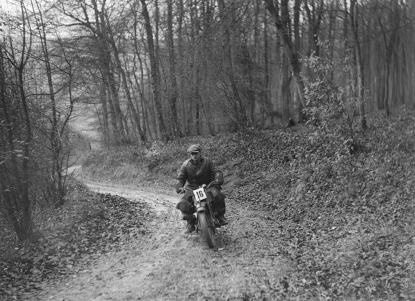 Motorcycle competing in the Inter-Varsity Trial, November 1931. Artist: Bill Brunell.