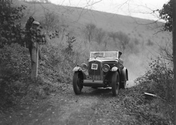 Wolseley Hornet of JM Suggs competing in the Inter-Varsity Trial, November 1931. Artist: Bill Brunell.