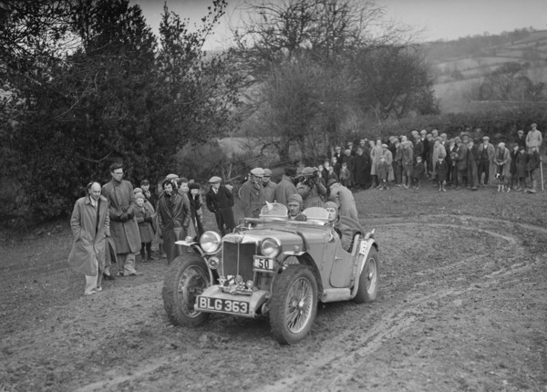 MG PA of J Twyford at the MG Car Club Midland Centre Trial, 1938. Artist: Bill Brunell.