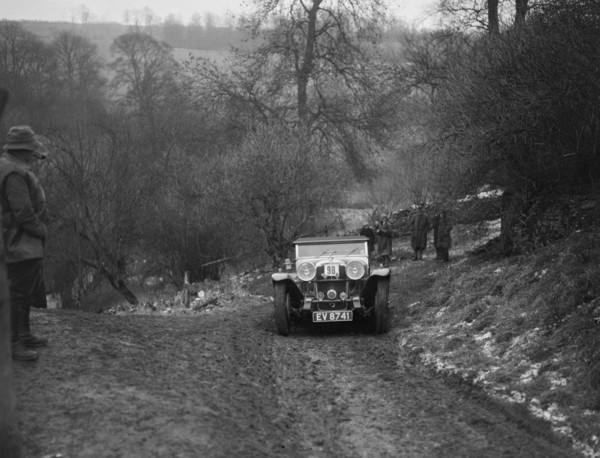 Alvis Silver Eagle of EW Bass competing in the Sunbac Colmore Trial, Gloucestershire, 1933. Artist: Bill Brunell.