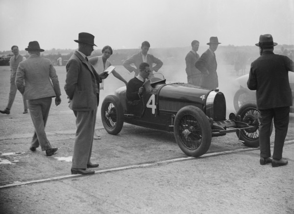 Bugatti at a Surbiton Motor Club race meeting, Brooklands, Surrey, 1928. Artist: Bill Brunell.