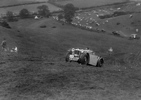 MG PA of the Cream Cracker team competing in the MG Car Club Rushmere Hillclimb, Shropshire, 1935. Artist: Bill Brunell.
