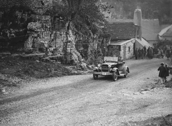 Ford Model A of FH Grain competing in the MCC Sporting Trial, Litton Slack, Derbyshire, 1930. Artist: Bill Brunell.