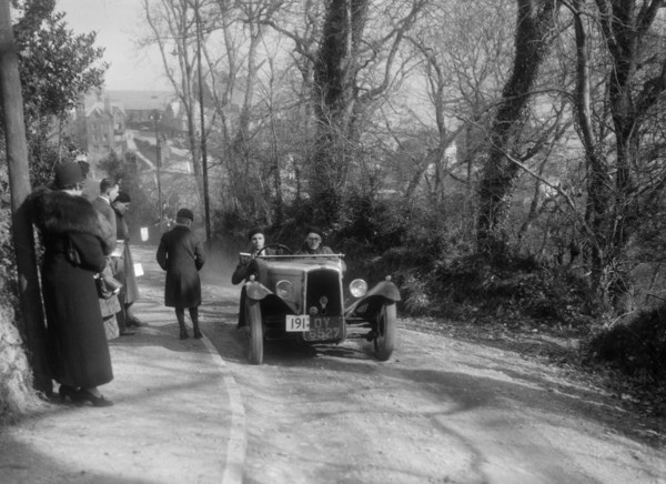BSA 3-wheeler of BRS Leake competing in the MCC Lands End Trial, 1936. Artist: Bill Brunell.