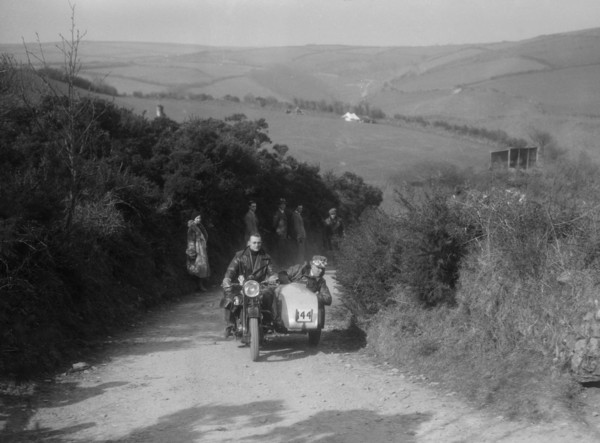 990 cc AJS and sidecar of M Laidlaw at the MCC Lands End Trial, Beggars Roost, Devon, 1936. Artist: Bill Brunell.