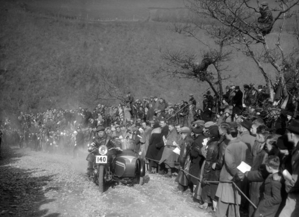 748 cc BSA and sidecar of HJ Finden at the MCC Lands End Trial, Beggars Roost, Devon, 1936. Artist: Bill Brunell.