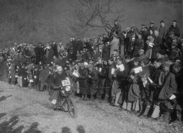 499 cc Vincent-HRD of W Clarke competing in the MCC Lands End Trial, Beggars Roost, Devon, 1936. Artist: Bill Brunell.
