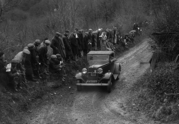 Ford V8 of DJC Palmer competing in the MCC Lands End Trial, 1935. Artist: Bill Brunell.