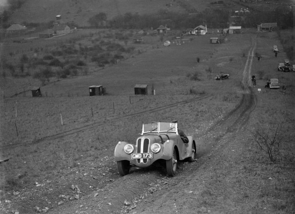 Frazer-Nash BMW 328 of H Wood at the London Motor Club Coventry Cup Trial, Knatts Hill, Kent, 1938. Artist: Bill Brunell.