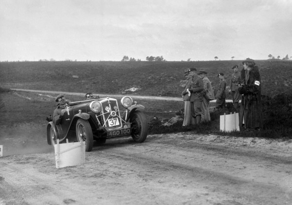 1933 Wolseley Hornet Special competing in a motoring trial, Bagshot Heath, Surrey, 1930s. Artist: Bill Brunell.