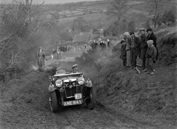 MG PA of JH Clent competing in the MG Car Club Midland Centre Trial, 1938. Artist: Bill Brunell.
