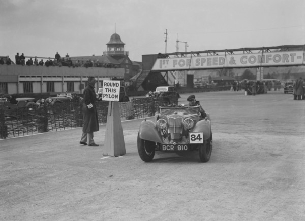 Riley Sprite of Kay Hague competing in the JCC Rally, Brooklands, Surrey, 1939. Artist: Bill Brunell.