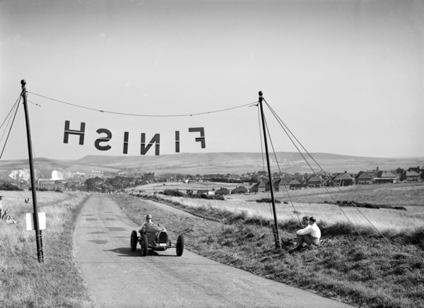Bugatti Type 51 competing in the Bugatti Owners Club Lewes Speed Trials, Sussex, 1937. Artist: Bill Brunell.