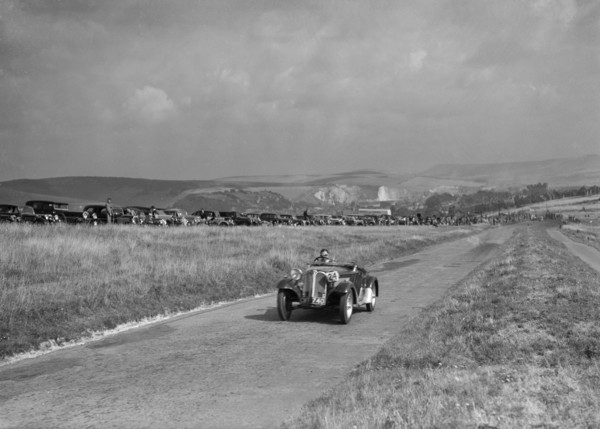 Frazer-Nash BMW competing in the Bugatti Owners Club Lewes Speed Trials, Sussex, 1937. Artist: Bill Brunell.