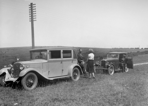 Wolseley Hornet of JW Whalley and Kitty Brunell's Bianchi saloon, B&HMC Brighton Motor Rally, 1930. Artist: Bill Brunell.