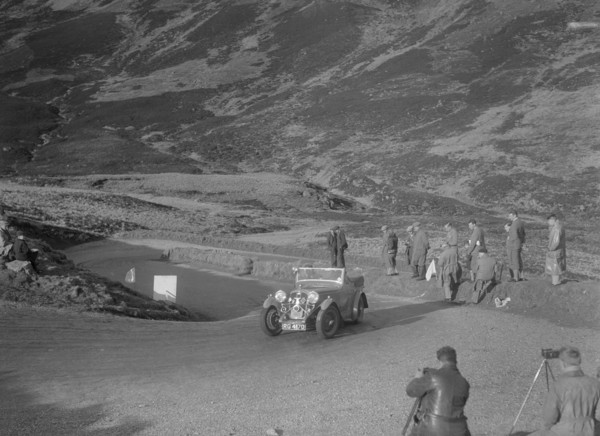 Wolseley Hornet of GF Collie competing in the RSAC Scottish Rally, Devil's Elbow, Glenshee, 1934. Artist: Bill Brunell.