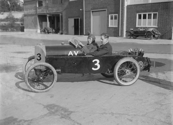 Reginald Empson in his AV at the JCC 200 Mile Race, Brooklands, Surrey, 1921. Artist: Bill Brunell.