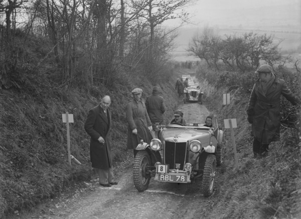 MG TA of Maurice Toulmin of the Cream Cracker Team at the MG Car Club Midland Centre Trial, 1938. Artist: Bill Brunell.