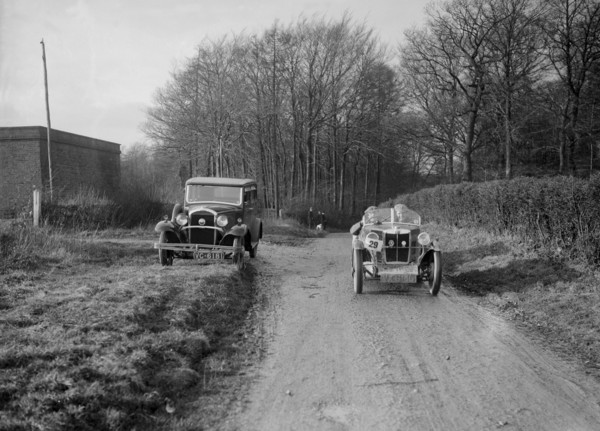 Standard 2-seater MG M Type of CF Sumner competing in the MG Car Club Trial, 1931. Artist: Bill Brunell.