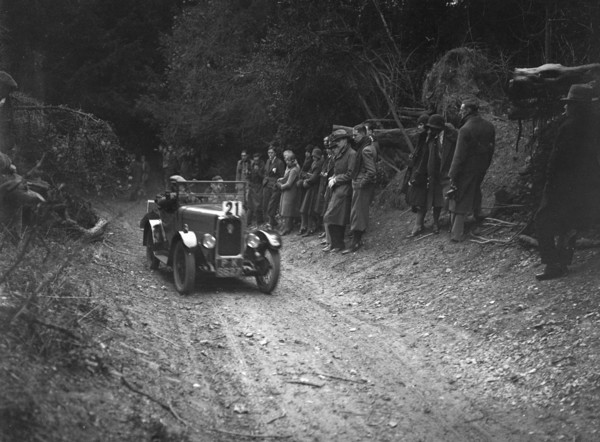 Triumph Super Seven of FA Thatcher, JCC Half-Day Trial, Goat Track, Ranmore Common, Surrey, 1930. Artist: Bill Brunell.