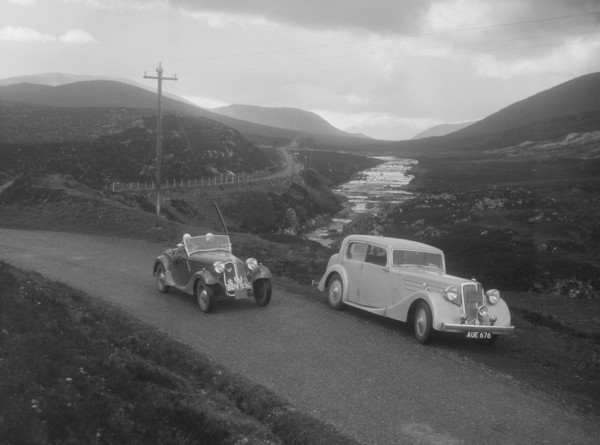Frazer-Nash BMW 319/55 of E Violet Watson passing Bill Brunell's Standard, Scottish Rally, 1938. Artist: Bill Brunell.
