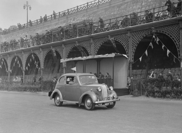Vauxhall 10 of Miss IM Burton at the RAC Rally, Madeira Drive, Brighton, 1939. Artist: Bill Brunell.