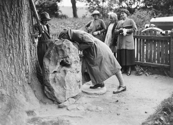 People visiting King Alfred's Blowing Stone, Kingston Lisle, near Uffington, Oxfordshire, c1920s. Artist: Bill Brunell.