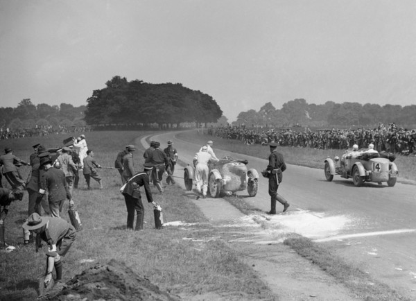 Recovering George Eyston's fire-damaged Bugatti T43, Irish Grand Prix, Phoenix Park Dublin, 1929. Artist: Bill Brunell.