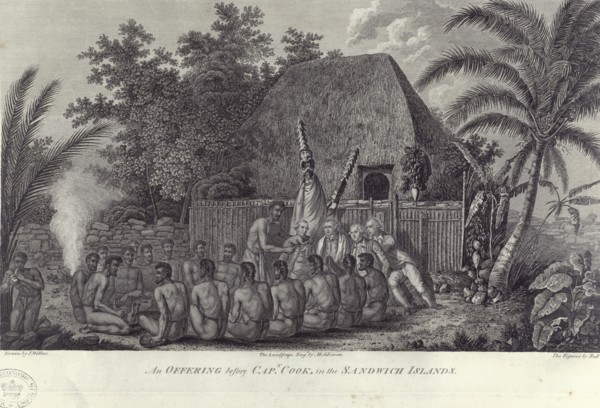 Natives of the Sandwich Islands, Hawaii, slaughtering swine before Captain Cook, c1778. Artist: Unknown