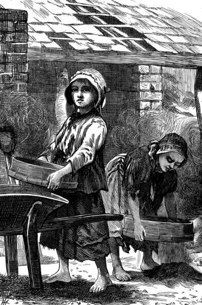 Barefoot girls sifting dust in a brickyard, 1871. Artist: Unknown