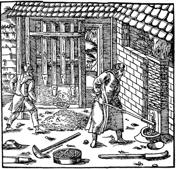 Stamping and roasting ore to extract metal, 1556. Artist: Unknown