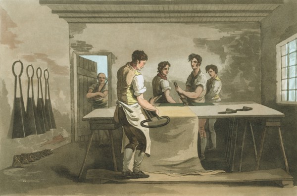 Cropping wool to give an even pile after nap had been raised, 1814. Artist: Unknown