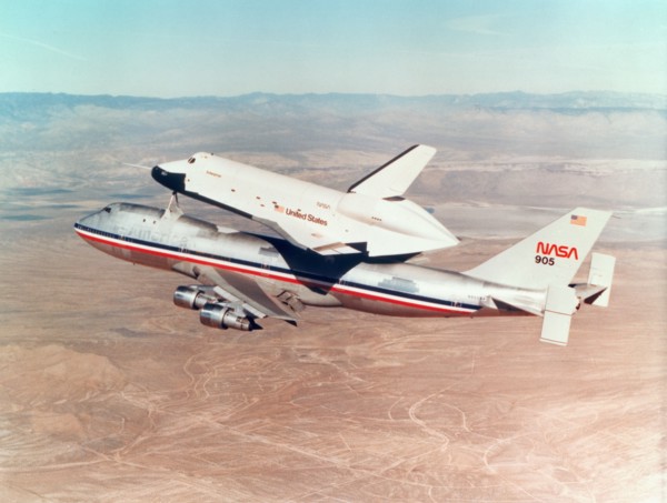 Space Shuttle Orbiter mounted on top of a Boeing 747 carrier aircraft, 1977. Artist: Unknown
