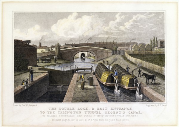 'The Double Lock and East Entrance to the Islington Tunnel, Regent's Canal', 1827. Artist: Frederick James Havell