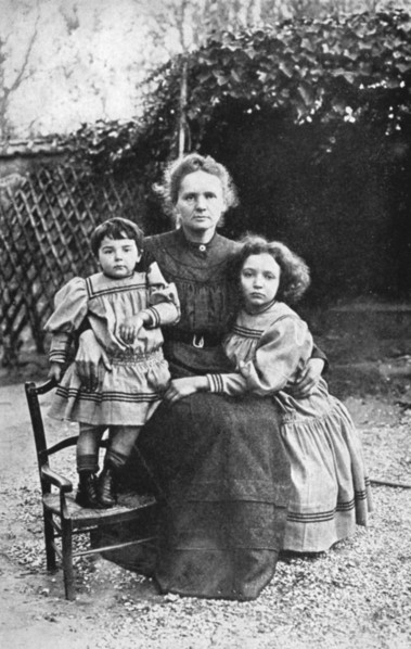 Marie Curie, Polish-born French physicist, with her daughters Eve and Irene, 1908. Artist: Unknown